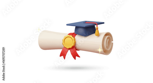 Rolled Diploma with Graduation Cap and Ribbon, 3D Render.