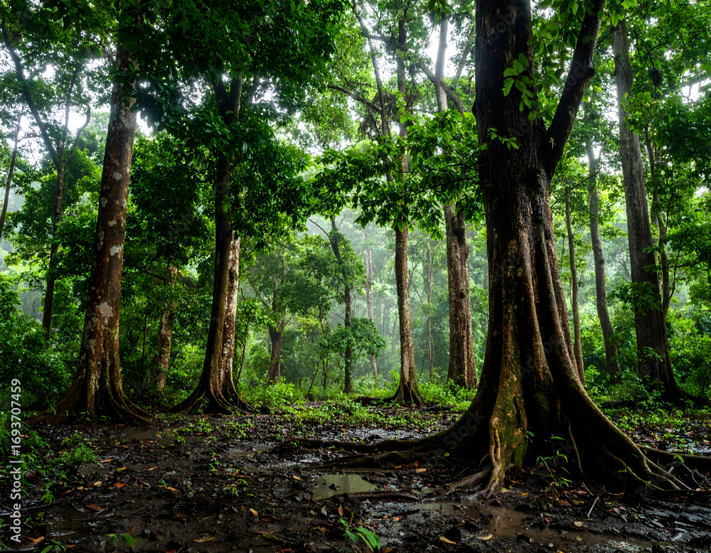 Fototapeta premium Verdant forest scene with towering trees and extensive root systems