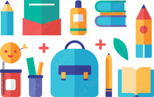 Vector collection of back to school festival elements featuring books and stationery