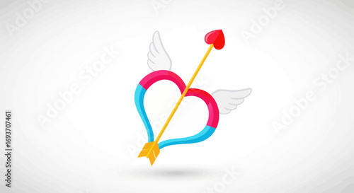 Cupids Arrow Piercing a Two-Tone Heart with Wings.