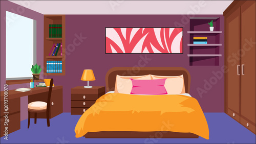 Bedroom interior design with furniture cartoon background hotel room modern vector
