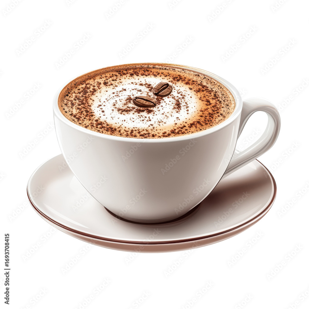 Fototapeta premium Cappuccino coffee cup with foam and cocoa powder isolated on Transparent Background