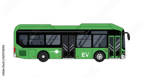 Photos A modern green electric city bus with an EV symbol and charging icon, shown in a side profile view