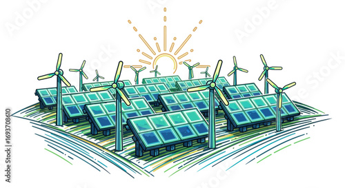 Renewable energy farm with solar panels and wind turbines under a bright sun.