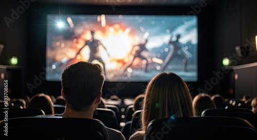Rear view of a couple watching an exciting action movie in a dark cinema theater, entertainment experience.