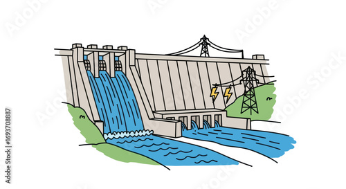 Hydroelectric Dam Illustration with Flowing Water and Power Lines.