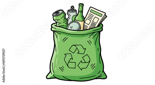 Green Recycling Bag Filled with Assorted Waste.