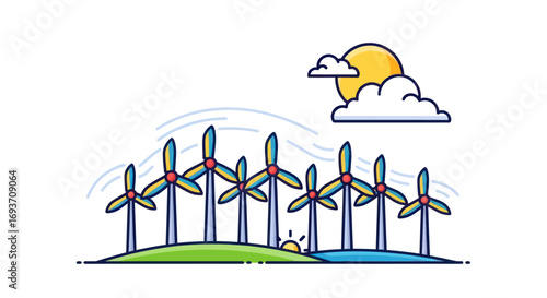 Colorful Illustration of a Wind Farm with Seven Wind Turbines.