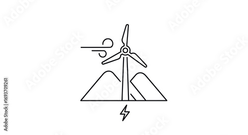 Wind Turbine Icon with Mountains and Wind Symbol.