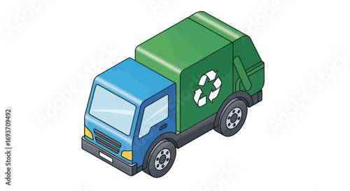 Isometric illustration of a green recycling garbage truck.
