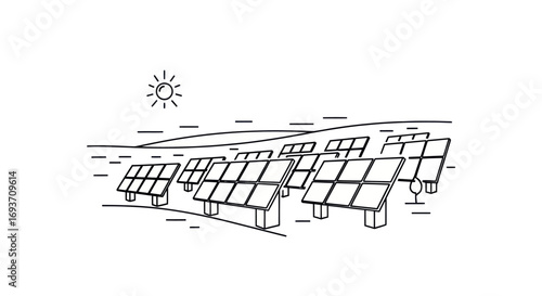 Hand-drawn sketch of a solar panel farm generating renewable energy under the sun.