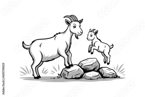 Playful Goat Family: Mother Goat Watching Her Kid Jump Over Rocks in a Monochrome Cartoon Illustration, farm animals, mammal, horns, mother love