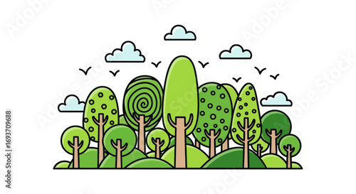 A stylized flat line art illustration of a green forest with various trees and clouds.