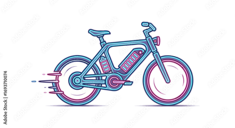 Fototapeta premium A stylized blue and pink electric bicycle illustration shown in motion with speed lines.
