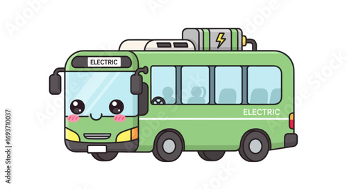 Cute green kawaii electric bus with a smiling face and batteries on the roof.