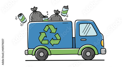 Blue recycling truck filled with garbage bags and cans.