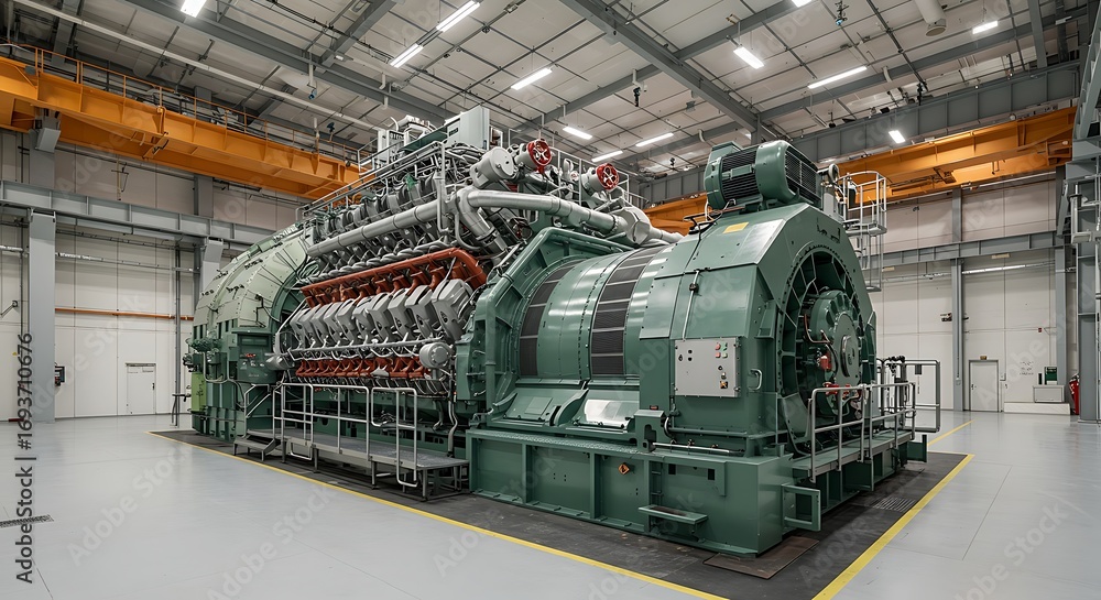 Fototapeta premium Heavy-duty stationary power plant generator featuring a large multi-cylinder internal combustion engine for electricity production