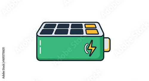 Green portable solar power bank with charging port and solar panels.