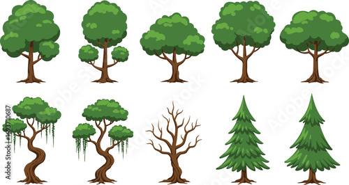 Collection of various cartoon trees including leafy, pine, fantasy, and bare types for nature, landscape design, forest, and seasonal projects.