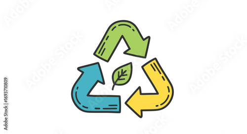 Colorful hand-drawn recycling symbol with a green leaf icon, representing eco-friendly sustainability.