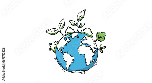 Hand-drawn Earth Globe with Growing Plants and Foliage.
