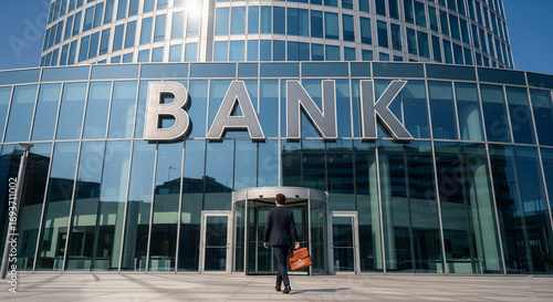 A business man walking into a large bank building