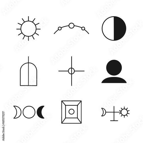 Various eclipse and celestial symbols in minimalist black design  
