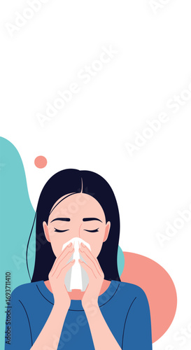 Woman blowing nose with tissue feeling sick with cold or allergy symptoms