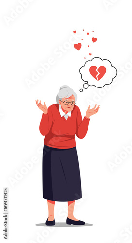 Elderly woman confused about broken heart sadness and love symbolism