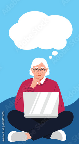 Elderly woman pondering while using her laptop computer in a peaceful outdoor setting