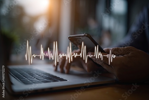 Close-up of hands holding phone over laptop, overlayed with a heartbeat graphic
