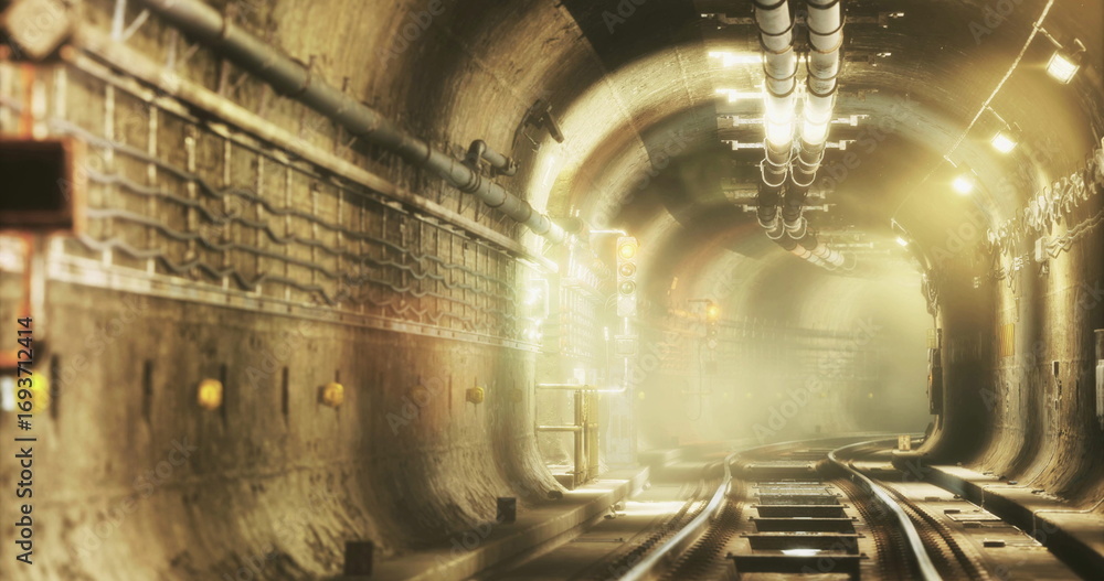 Obraz premium An underground tunnel stretches into the distance, illuminated by soft light. Tracks run along the floor, surrounded by weathered walls and industrial pipes, evoking a sense of mystery.