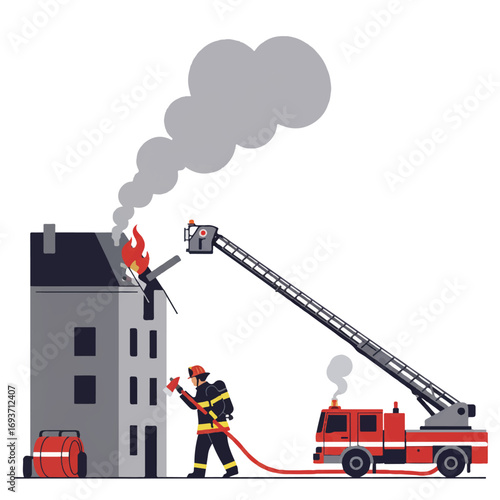 A firefighter in full gear sprays water from a hose at a burning building, with a fire truck and ladder extended to the roof.