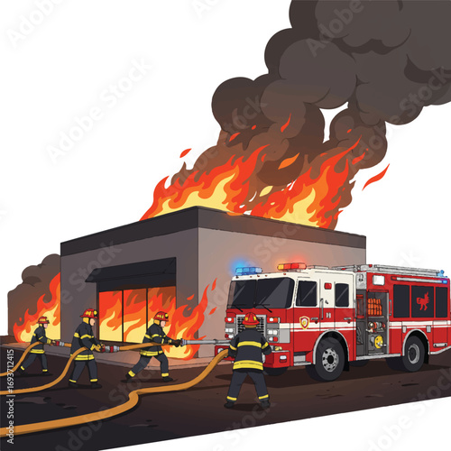 Firefighters battling a large building fire with a fire truck and hoses, showing flames and smoke.