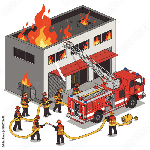 Isometric illustration of firefighters battling a large fire in a building with a fire truck and hoses.