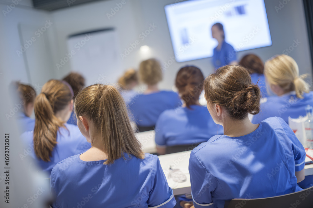 Obraz premium Nurses attend training funded by a foundation grant in a modern elderly care facility Whiteboards and manuals fill the room