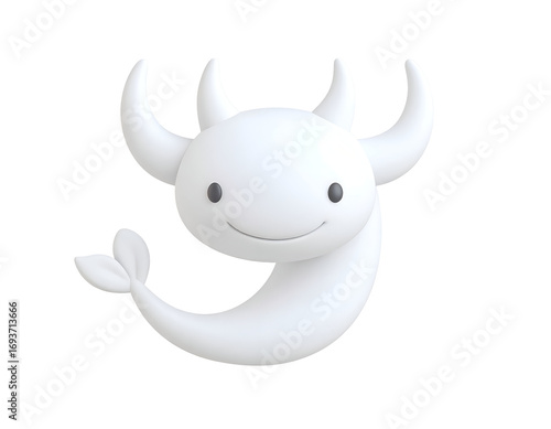 Cute 3D cartoon white ox character with horns and tail smiling on black background