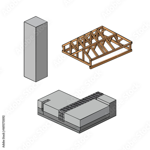 Isometric views depict essential architectural and construction elements, featuring a concrete column, a wooden roof truss, and a reinforced foundation detail.