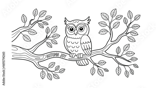Autumn Joy Coloring Page: Cute Owl on Tree Branch with Leaves - Printable Fall Activity for Kids and Adults Relaxation