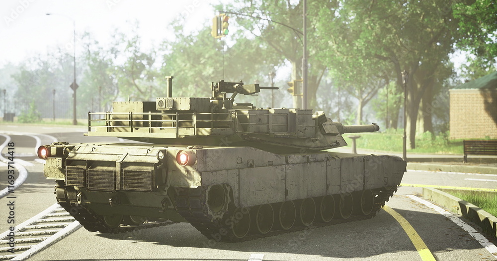 Fototapeta premium A military tank navigates a city street under sunny conditions. Surrounding trees offer shade while traffic signals regulate movement nearby. The scene captures urban infrastructure.