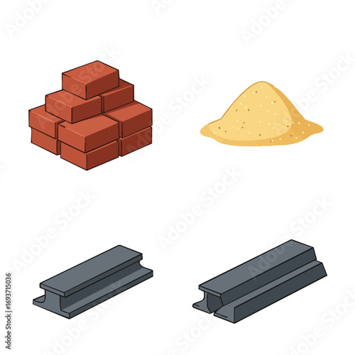 An illustrative collection of fundamental building and industrial materials, featuring stacked red bricks, a mound of yellow sand, and sturdy steel I-beams.