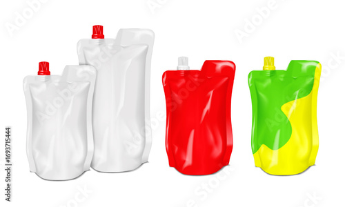 Spouted stand-up pouch. Realistic 3d vector mockup. White and color design. Easy editable. Bottom gusseted nozzle plastic bag with screw cap. Mock-up. Liquid product reclosable packaging. Template