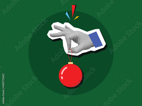 Hand holding a red christmas ball. Modern collage style. Vector illustration