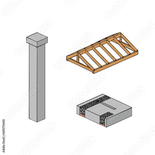 Isometric graphic clearly illustrates essential building construction elements, featuring a concrete column, a wooden roof truss, and a reinforced concrete floor slab.