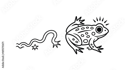 Whimsical Frog Transformation: A Cartoon Tadpole and Frog Illustration for Children's Education and Creative Projects in Black and White Outline Style