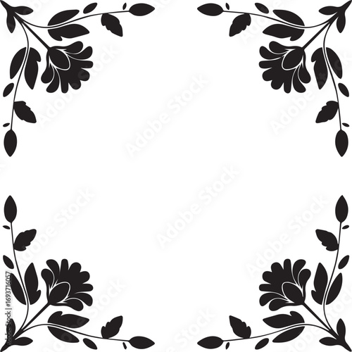 Four black floral corner designs with rose, lily, daisy, tulip