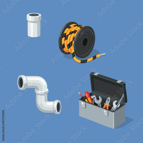 Essential plumbing pipes, electrical cable, and a comprehensive toolbox with various hand tools, vital for any home improvement or professional repair.