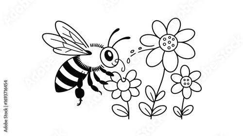 Cute Cartoon Bee Pollinating Flowers Black and White Line Art for Children's Coloring Books and Educational Materials, Spring and Summer Theme