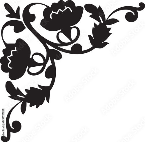 Black floral corner design with stylized leaves and buds