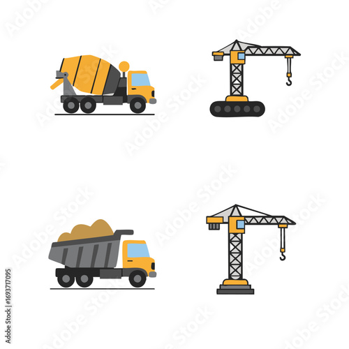 A versatile collection of flat design icons illustrating essential heavy construction vehicles, including a cement mixer, dump truck, and powerful cranes.